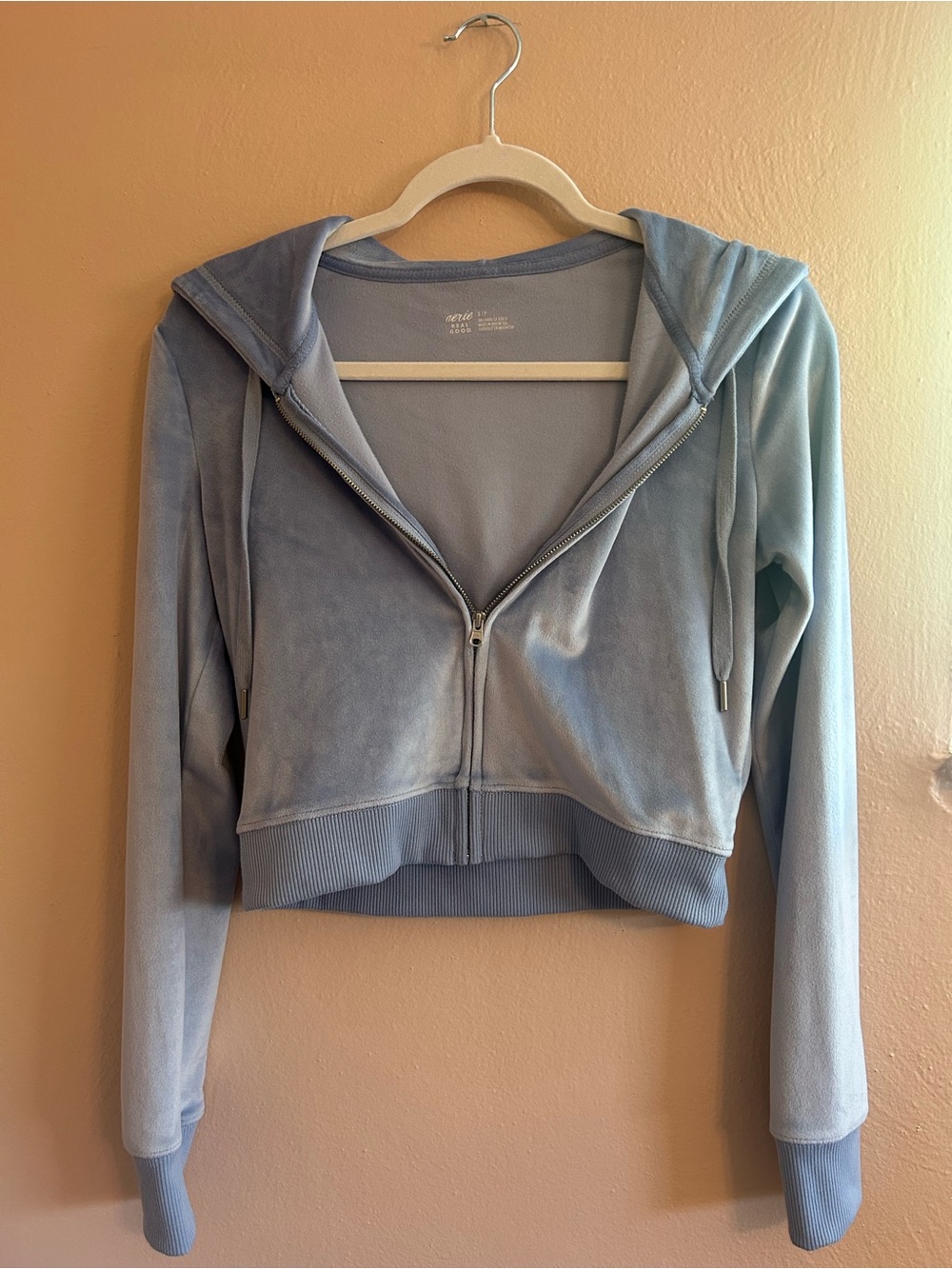 aerie Light Blue Cropped Velour Zip Hoodie